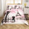 jejeloiu Kids Pink Couple Lover Bedding Set Toddler Size Mr Mrs Duvet Cover for Boys Girls Teens Bedroom Decor Eiffel Tower Cherry Blossoms Romantic Paris Comforter Cover Soft 2Pcs,No Comforter view 3