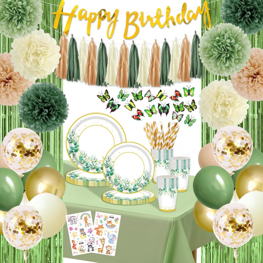 226 Pcs Sage Green Birthday Party Decorations for Women Girls, Tableware for 24 Guests Happy Birthday Banner Retro Olive Green Gold Balloon Fringe Curtain Tablecloth Greenery Wild Neutral Dcor