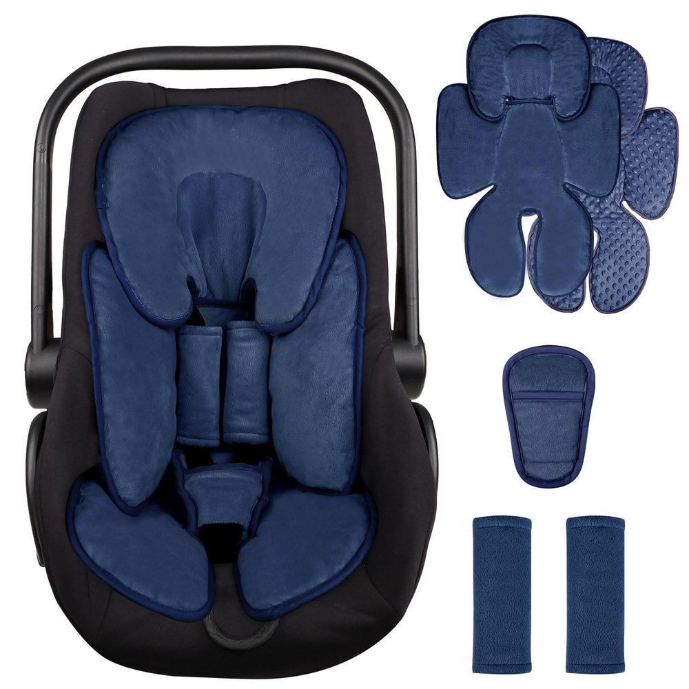 2 in 1 Infant Car Seat Insert Head and Body Support Set, Reversible Newborn Insert for Carseat with 3 Extra Strap Paddings, Soft Stroller Cushion Pillow Insert Girls, Fits for Stroller, Swing, Blue