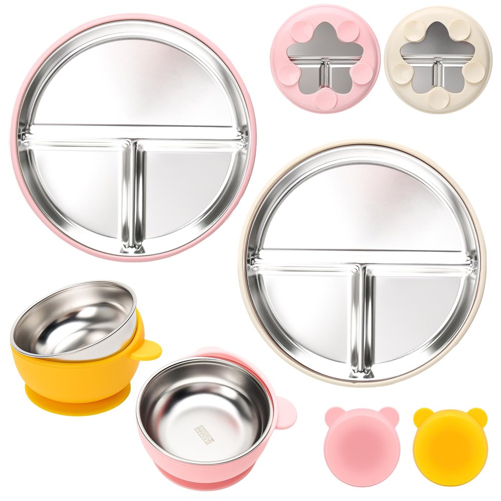 MISSLILI Stainless Steel Baby Plate and Bowls with Suction, Divided Kids Baby Plate and Toddler Bowl with Removable Silicone Suction, Non-Slip Baby Feeding Set Dishwasher Safe4 Packs