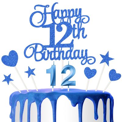 12th Birthday Cake Decoration, 12th Number Candle Happy Birthday Glitter Cake Decoration Card Anniversary Holiday Cake Decoration Insert Card