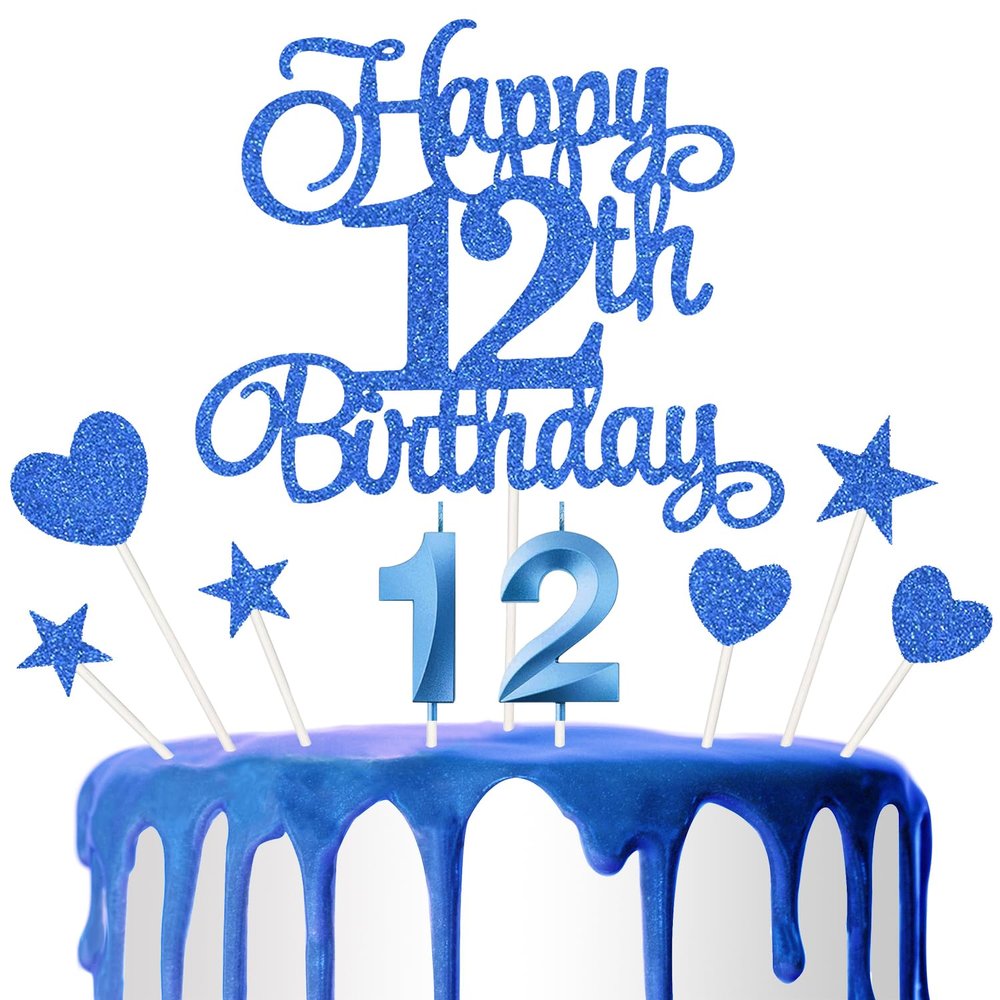 12th Birthday Cake Decoration, 12th Number Candle Happy Birthday Glitter Cake Decoration Card Anniversary Holiday Cake Decoration Insert Card