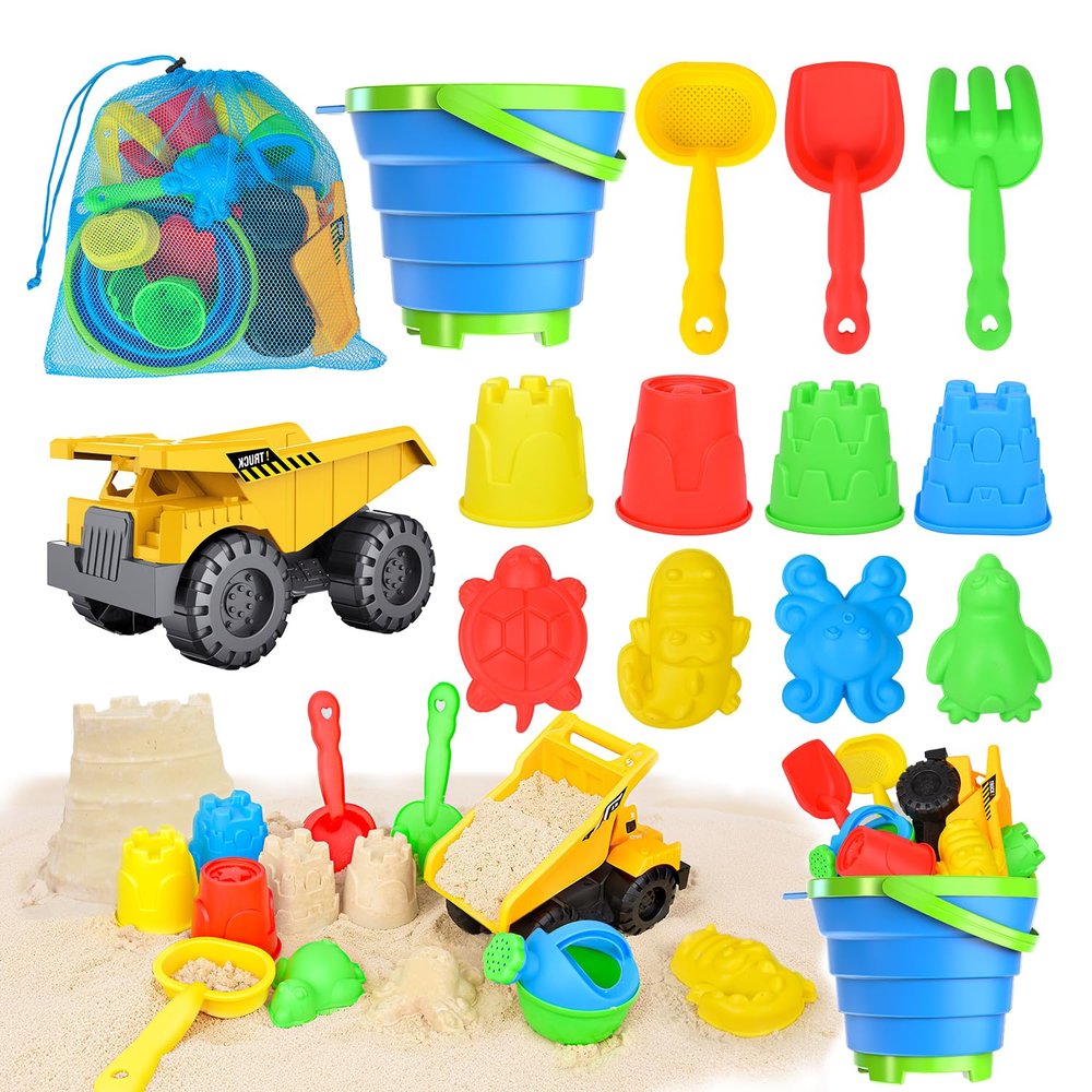Beach Toys, 14Pcs Sand Toys with Construction Vehicle and Collapsible Beach Bucket, Animal Sand Mold Sets, Watering Can,Shovel Set with Mesh Bag,Summer Outdoor Play Travel Sandbox Gift for Boys Girls