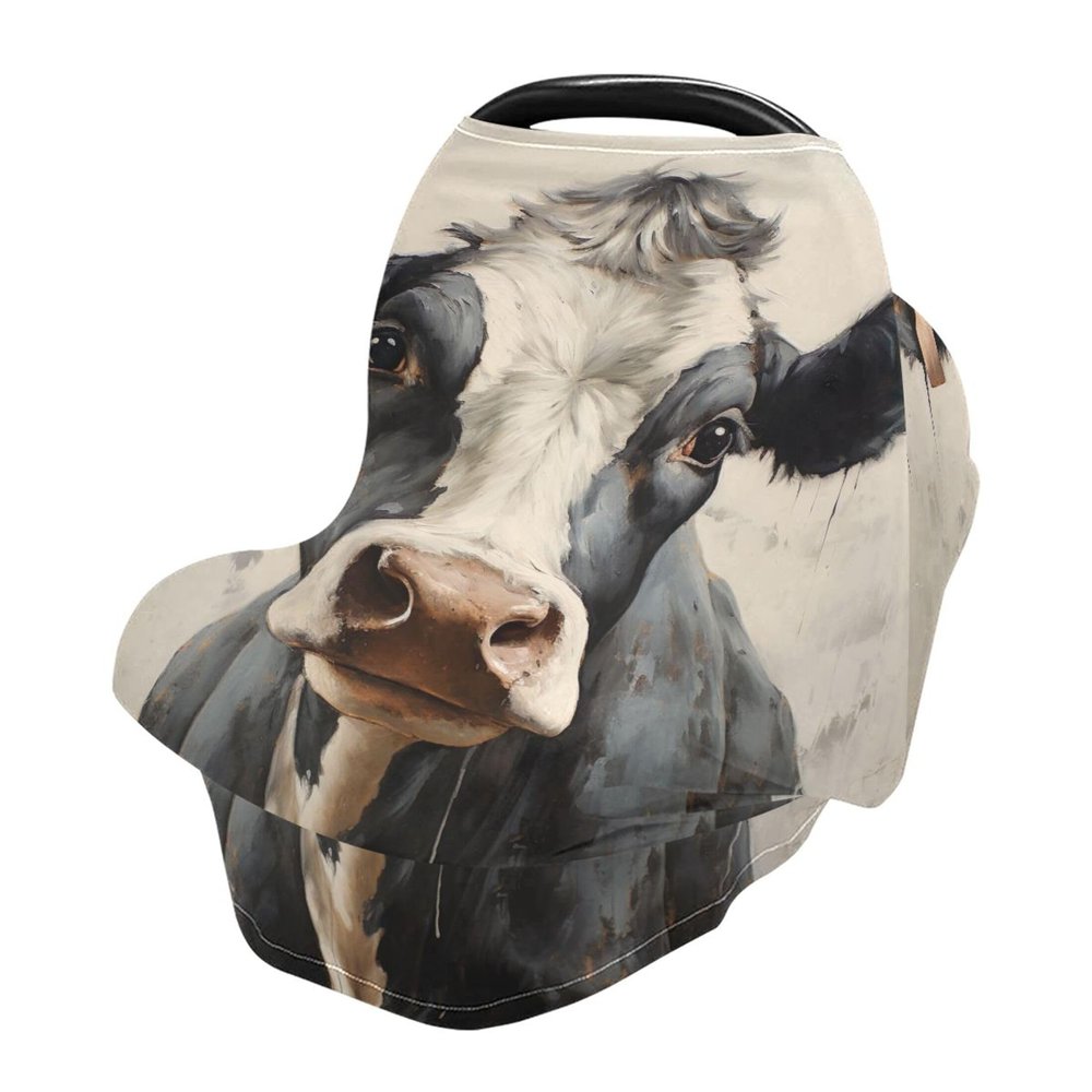 Qilmy Vintage Cow Baby Car Seat Cover, Multi-Use Breathable Breastfeeding & Stroller Cover, Shower Gift for Boys & Girls