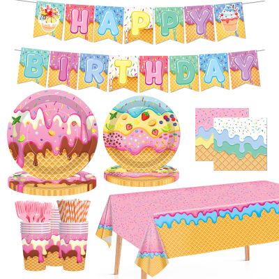 146pcs Ice Cream Party Supplies Set,Lncludesice Cups, Banners, Forks, Straws ,Tablecloths, Plates and Napkins ,for 24Guests,Summer Birthday Tableware, Disposable Dinnerware Kit