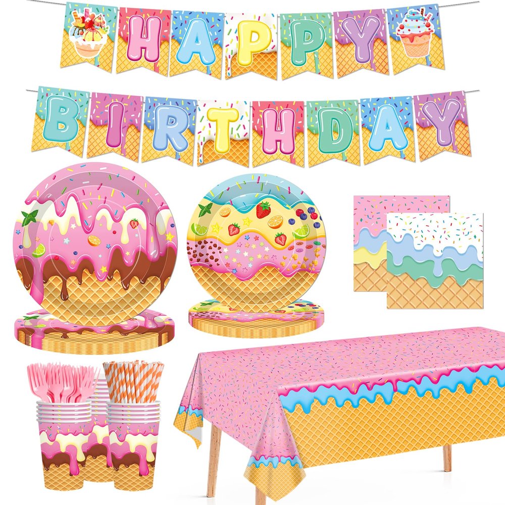 146pcs Ice Cream Party Supplies Set,Lncludesice Cups, Banners, Forks, Straws ,Tablecloths, Plates and Napkins ,for 24Guests,Summer Birthday Tableware, Disposable Dinnerware Kit