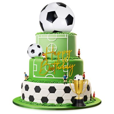 VioraWhite Large Soccer Ball Cake Toppers 8pcs Include 5 Balls of Different Sizes 2 Trophies and 1 Happy Birthday Sign for Cake Decoration Sport Theme Party Ceremony