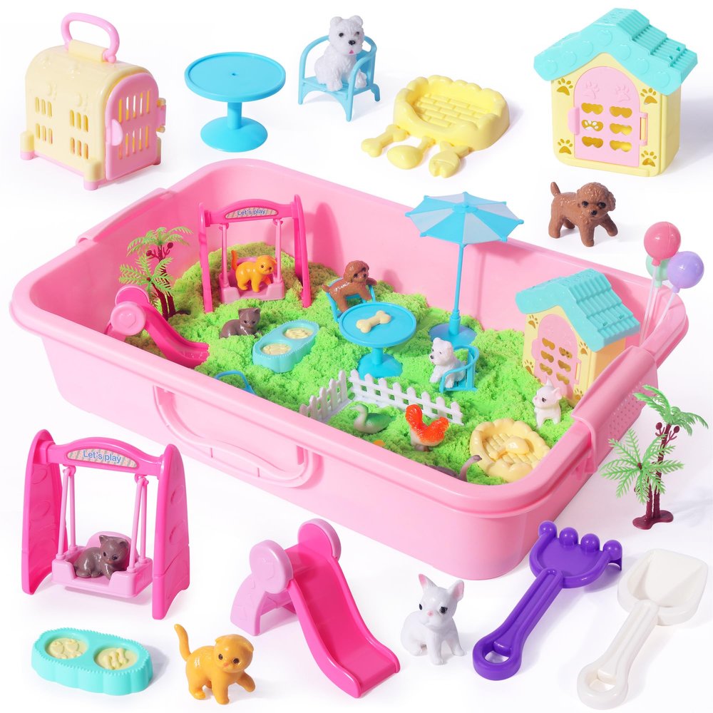 Billeeit Pet Sensory Bin Sand Toy with 2.2lbs Green Moldable Sand, Dog Cat Play Sand Kit for Boys and Girls Including 28pcs Accessories Total, Sand Box Toys Gift for Kids 3+ Indoor Creativity