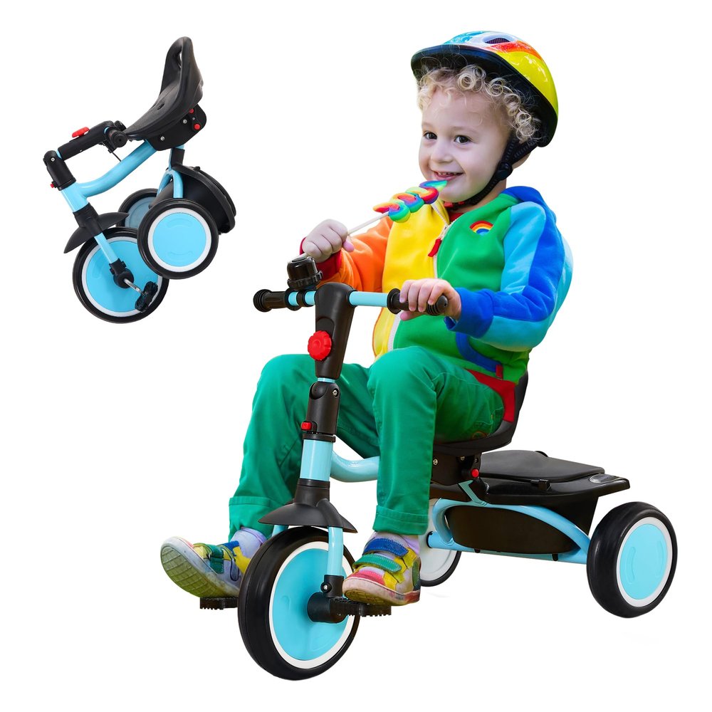 JooKiddie Toddler Tricycle, Kids Tricycle with Bell, Foldable Kids Trike for Age 18 Months to 5 Years, Baby Trike with Adjustable Seat, Gift for Boys and Girls, Blue