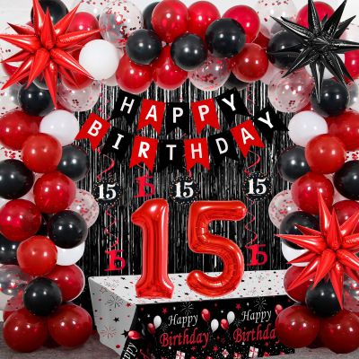 15th Birthday Decorations for Boys & Girls, 84 PCS Red Black 15th Party Decorations, Birthday Party Supplie with Banner, Fringe Backdrop, Foil Star Balloons, Hanging Swirls, Tablecloth Garland Arch