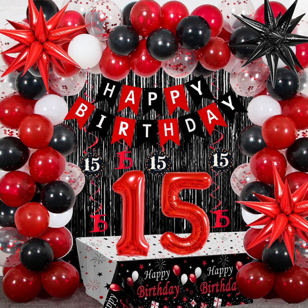 15th Birthday Decorations for Boys & Girls, 84 PCS Red Black 15th Party Decorations, Birthday Party Supplie with Banner, Fringe Backdrop, Foil Star Balloons, Hanging Swirls, Tablecloth Garland Arch
