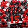 15th Birthday Decorations for Boys & Girls, 84 PCS Red Black 15th Party Decorations, Birthday Party Supplie with Banner, Fringe Backdrop, Foil Star Balloons, Hanging Swirls, Tablecloth Garland Arch view 1