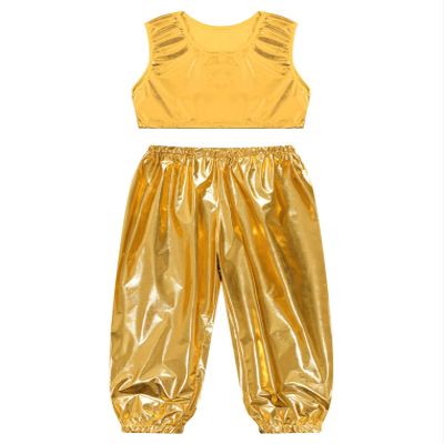 ACSUSS Kids Boys Girls Metallic Crop Tank Top with Sparkly Harem Pants Shiny Jazz Hip Hop Dance Performance Outfit Gold 15-16 Years
