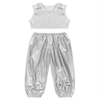 ACSUSS Kids Boys Girls Metallic Crop Tank Top with Sparkly Harem Pants Shiny Jazz Hip Hop Dance Performance Outfit Silver 15-16 Years