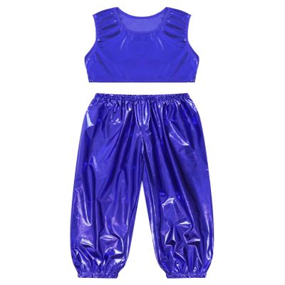 ACSUSS Kids Boys Girls Metallic Crop Tank Top with Sparkly Harem Pants Shiny Jazz Hip Hop Dance Performance Outfit Royal Blue 13-14 Years