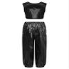 ACSUSS Kids Boys Girls Metallic Crop Tank Top with Sparkly Harem Pants Shiny Jazz Hip Hop Dance Performance Outfit Black 14-15 Years view 4