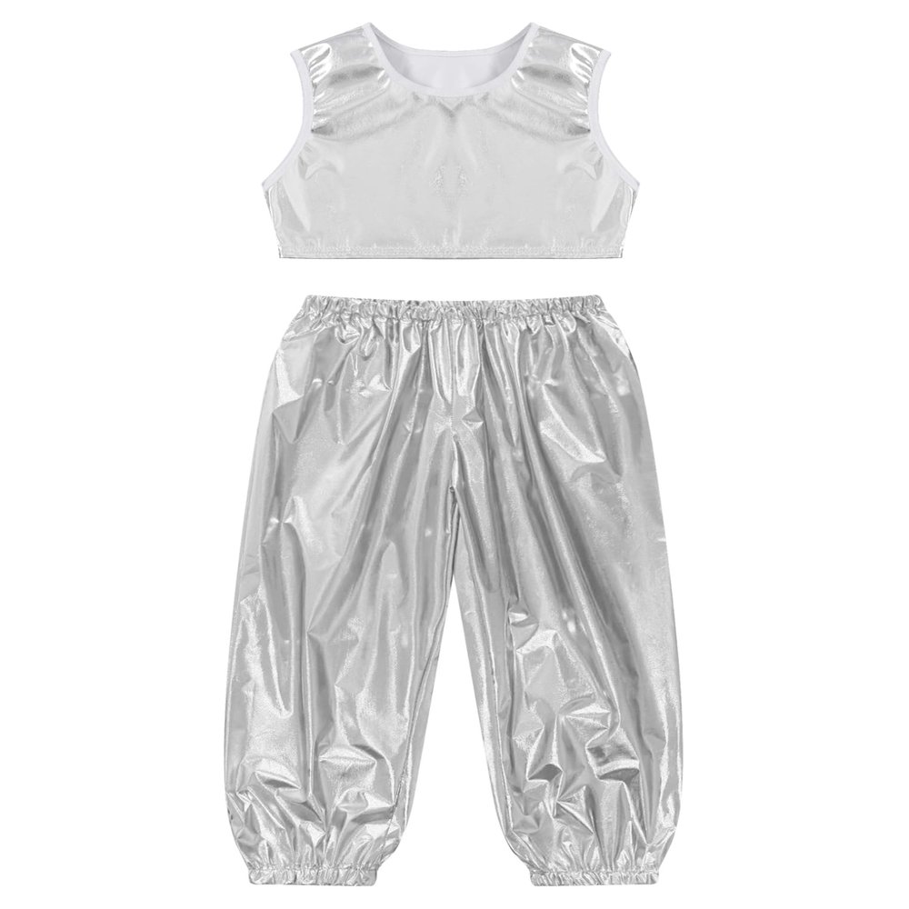 ACSUSS Kids Boys Girls Metallic Crop Tank Top with Sparkly Harem Pants Shiny Jazz Hip Hop Dance Performance Outfit Silver 14-15 Years