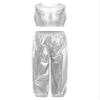 ACSUSS Kids Boys Girls Metallic Crop Tank Top with Sparkly Harem Pants Shiny Jazz Hip Hop Dance Performance Outfit Silver 14-15 Years view 3