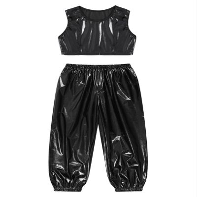 ACSUSS Kids Boys Girls Metallic Crop Tank Top with Sparkly Harem Pants Shiny Jazz Hip Hop Dance Performance Outfit Black 11-12 Years