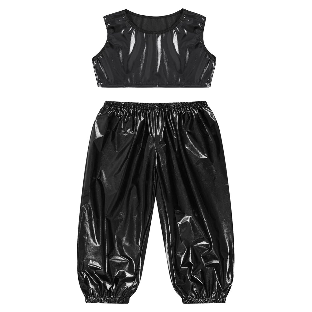 ACSUSS Kids Boys Girls Metallic Crop Tank Top with Sparkly Harem Pants Shiny Jazz Hip Hop Dance Performance Outfit Black 11-12 Years