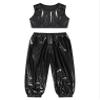 ACSUSS Kids Boys Girls Metallic Crop Tank Top with Sparkly Harem Pants Shiny Jazz Hip Hop Dance Performance Outfit Black 11-12 Years view 1