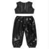 ACSUSS Kids Boys Girls Metallic Crop Tank Top with Sparkly Harem Pants Shiny Jazz Hip Hop Dance Performance Outfit Black 11-12 Years view 2