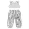 ACSUSS Kids Boys Girls Metallic Crop Tank Top with Sparkly Harem Pants Shiny Jazz Hip Hop Dance Performance Outfit Silver 9-10 Years view 1