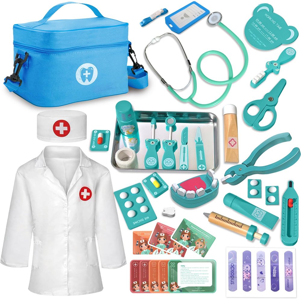 XZZO Doctor Kit for Toddlers 3-5, Wooden Kids Dentist Play Set, Doctor Play Set Pretend Play Toys for Toddlers , Realistic Wooden Medical Kit Role Play Set, Gifts for Boys Girls 3+ Years