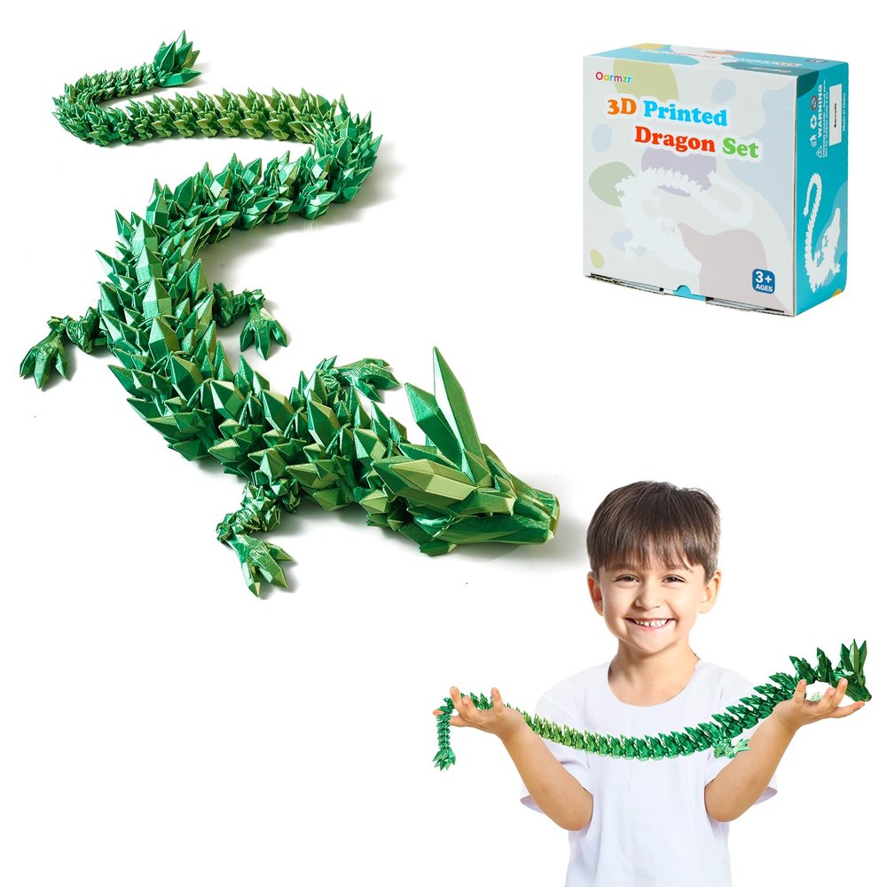 Oarmzr 30'' 3D Printed Dragon - 3D Printed Toys, Articulated Crystal Dragon Large Rainbow Animal Fidget Toy, Decor Huge Dragons Collectible Figurines(Laser Green,30inch)
