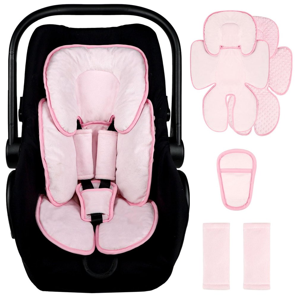 2 in 1 Infant Car Seat Insert Head and Body Support Set, Reversible Newborn Insert for Carseat with 3 Extra Strap Paddings, Soft Stroller Cushion Pillow Insert Girls, Fits for Stroller, Swing, Pink