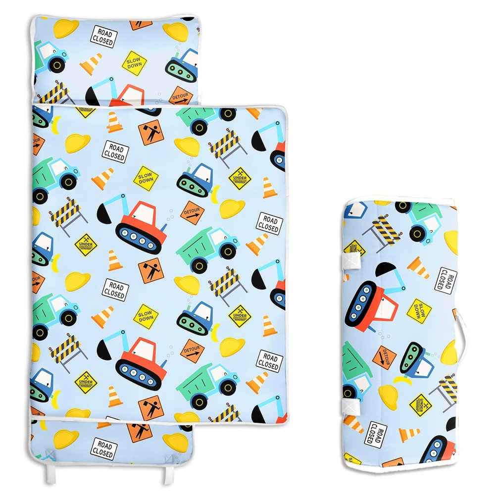 Toddler Nap Mat/Removable Pillow -Engineering Vehicle- Carry Handle with Straps Closure,Extra Large 50 in*20 in Boys Sleeping Mat Nap Mat for Preschool Kindergarten, Sleeping Bag