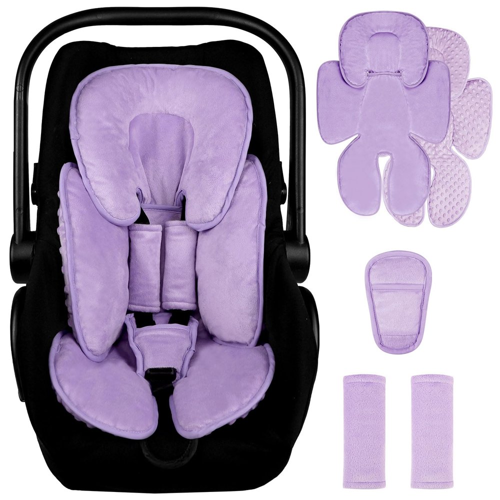 2 in 1 Infant Car Seat Insert Head and Body Support Set, Reversible Newborn Insert for Carseat with 3 Extra Strap Paddings, Soft Stroller Cushion Pillow Insert Girls, Fits for Stroller, Swing, Purple
