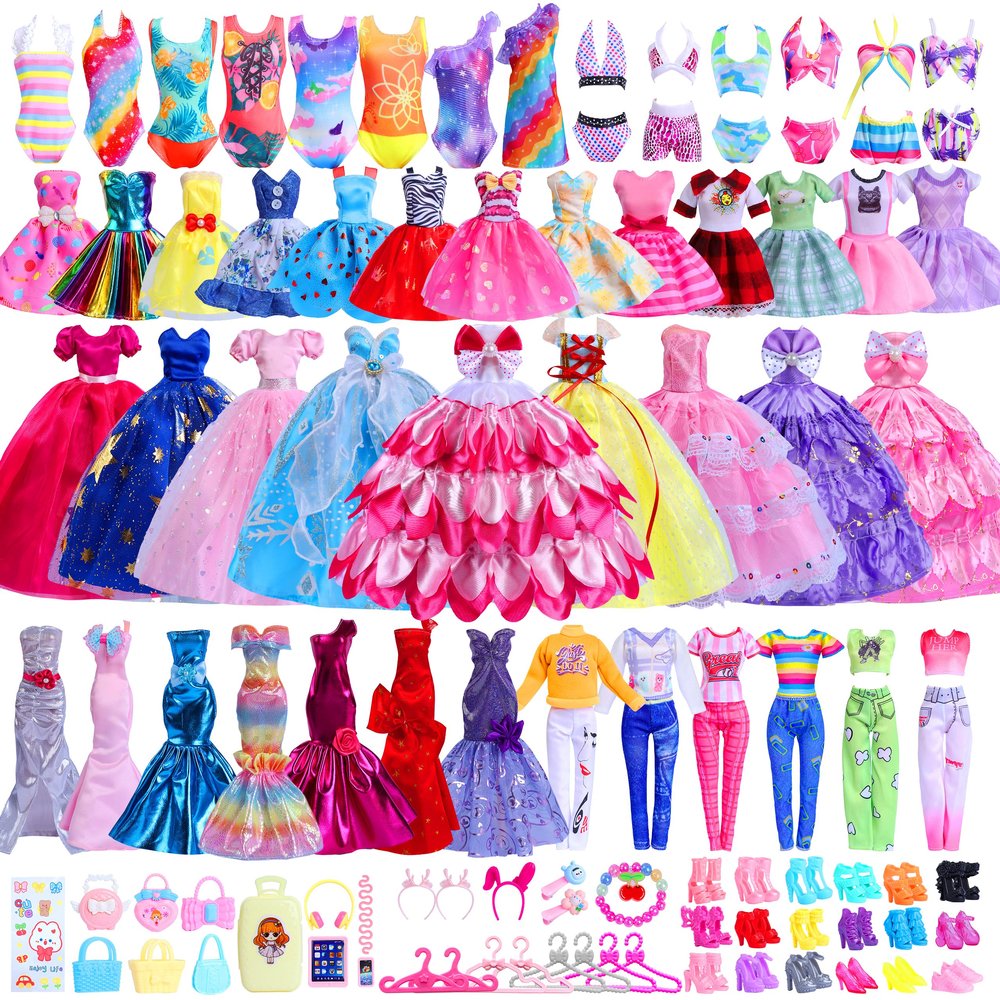 110PCS Doll Clothes and Accessories for 11.5 inch Dolls -Princess Gowns, Fashion Dresses, Slip Dresses, Top, Pants, Jumpsuit, Swimsuits, Shoes, Hangers, Doll Dress up Toys for Girls Kids Birthday Gift