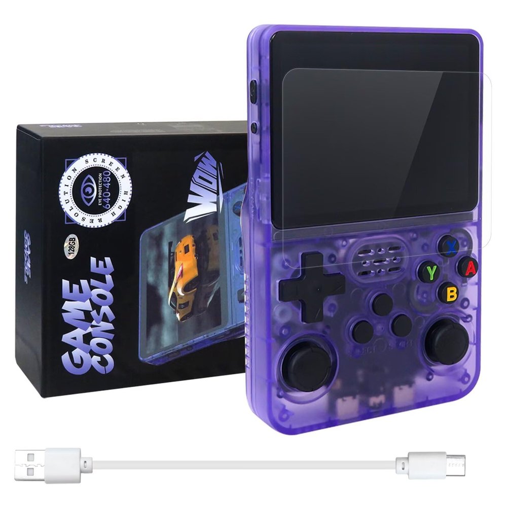GRABOTE New R36S Retro Handheld Game Console with 128G 3.5 Inch IPS Screen Built-in 15000 Games Open Source Linux System 640x480 Resolution Portable Pocket Video Player (Purple)