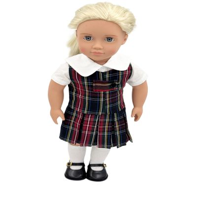 18 inch Doll Outfit-School Plaid Jumper Include Blouse and Hair Accessory/Add on Option: Sock and Shoe (Doll is not Included) (Zip Jumper,Sock,Matte Black Shoe, Plaid 56)