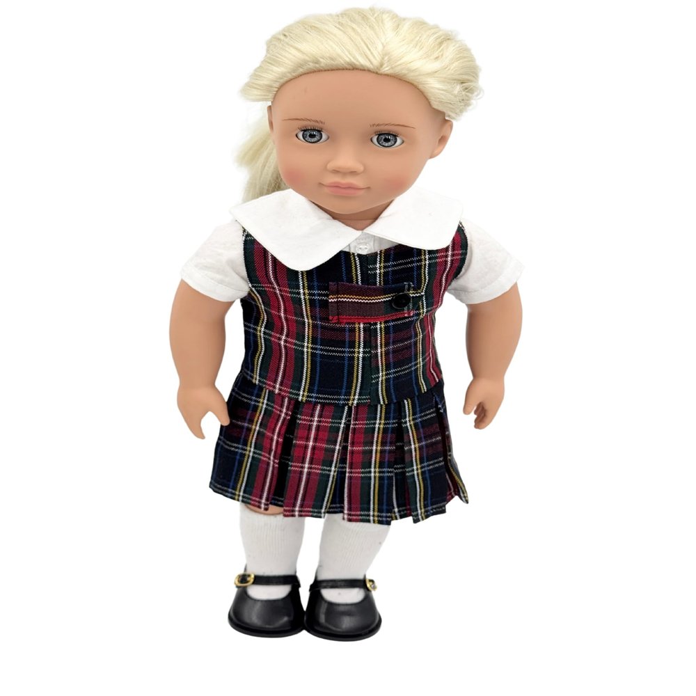 18 inch Doll Outfit-School Plaid Jumper Include Blouse and Hair Accessory/Add on Option: Sock and Shoe (Doll is not Included) (Zip Jumper,Sock,Matte Black Shoe, Plaid 56)