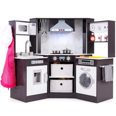 GLACER Wooden Kids Corner Play Kitchen Set, Pretend Cooking Toy Set w/Realistic Lights, Sounds, Water Features & Lighted Range Hood, Ideal Gift for Kids 3+ Years Old (Coffee Brown)