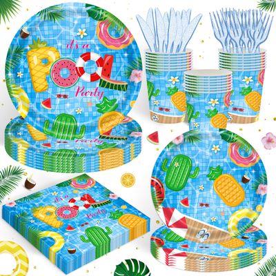 120PCS Summer Pool Party Supplies Swimming Beach Ball Themed Birthday Party Decorations Tropical Hawaii Holiday Tableware Set Plates Napkins Cups Set for 20 Guests