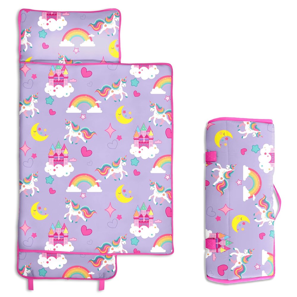Toddler Nap Mat Extra Large 50 in*20 in Boys Sleeping Mat/Removable Pillow -Purple Unicorn- Carry Handle with Straps Closure,Nap Mat for Preschool Kindergarten, Sleeping Bag