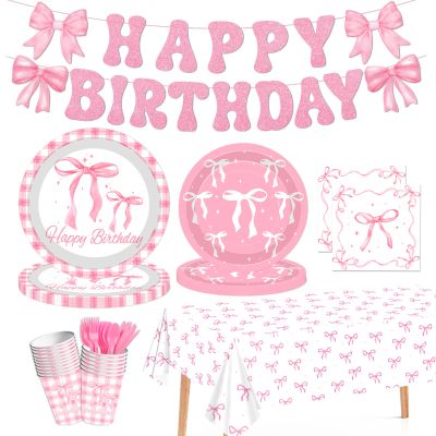 142PCS Pink Bow Themed Party Supplies  Happy Birthday Decorations  Includes Plates, Cups, Napkins, Cutlery, Banner, Tablecloth  Girls Birthday, Princess Party, Bridal Shower