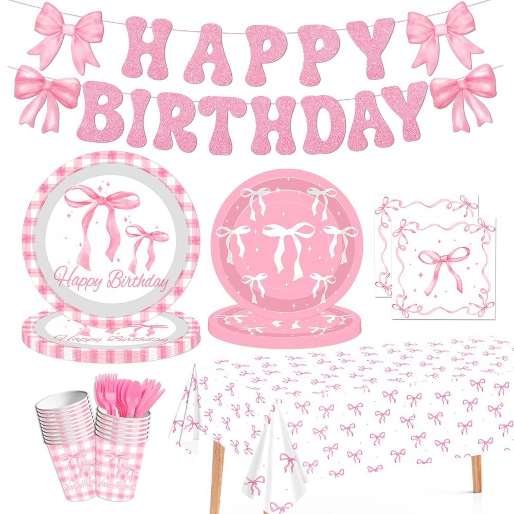 142PCS Pink Bow Themed Party Supplies  Happy Birthday Decorations  Includes Plates, Cups, Napkins, Cutlery, Banner, Tablecloth  Girls Birthday, Princess Party, Bridal Shower
