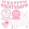 142PCS Pink Bow Themed Party Supplies  Happy Birthday Decorations  Includes Plates, Cups, Napkins, Cutlery, Banner, Tablecloth  Girls Birthday, Princess Party, Bridal Shower view 1