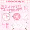 142PCS Pink Bow Themed Party Supplies  Happy Birthday Decorations  Includes Plates, Cups, Napkins, Cutlery, Banner, Tablecloth  Girls Birthday, Princess Party, Bridal Shower view 2