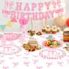142PCS Pink Bow Themed Party Supplies  Happy Birthday Decorations  Includes Plates, Cups, Napkins, Cutlery, Banner, Tablecloth  Girls Birthday, Princess Party, Bridal Shower view 4