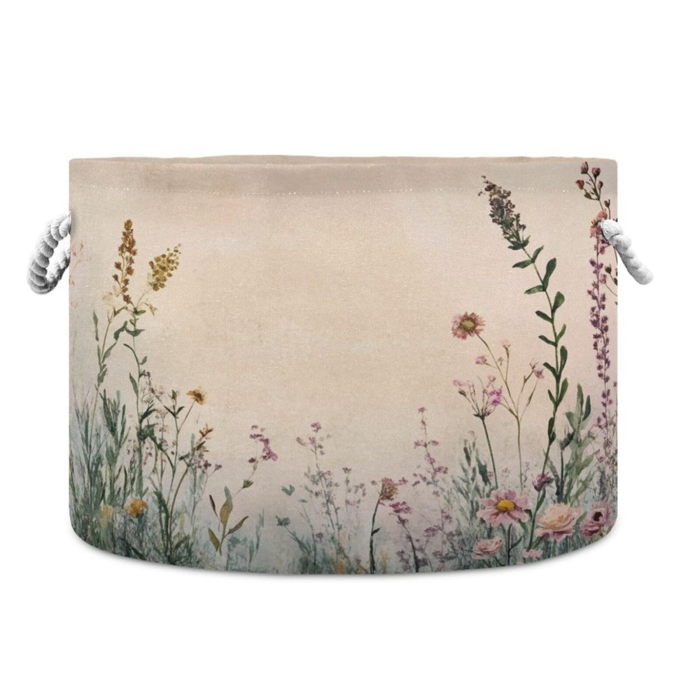 Kigai Wildflower Blanket Basket with Cotton Rope Handles Baby Laundry Bakset Collapsible Fabric Storage Bin for Living Room Bedroom Nursery Home Organizing, 20x14 inch