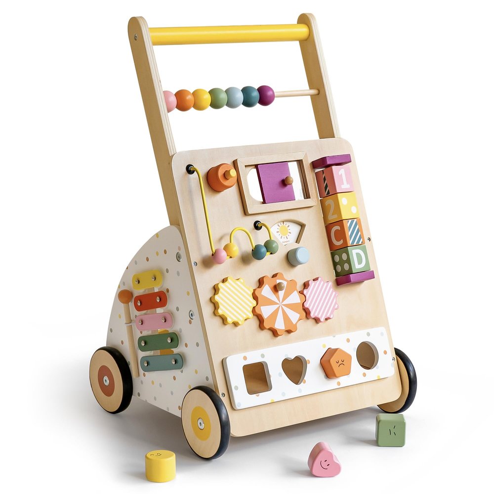 Wooden Baby Walker with Activity Center Montessori Push Walker Toys for Boys & Girls 18 Months+ Educational Toddler Learning Walker with 10-in-1 Sensory Games