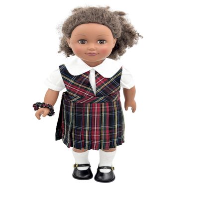 18 inch Doll Outfit-School Plaid Jumper Include Blouse and Hair Accessory/Add on Option: Sock and Shoe (Doll is not Included) (Split Jumper,Sock,Matte Black Shoe, Plaid 56)
