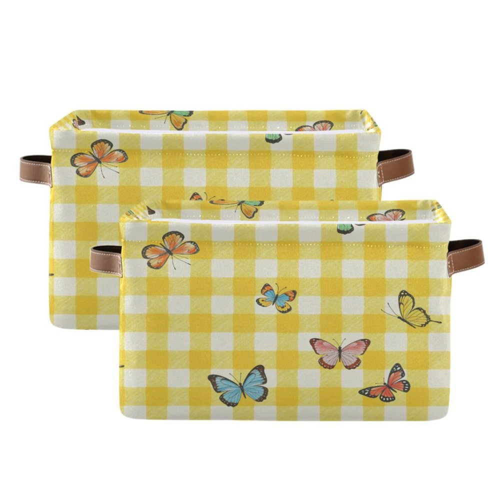 Maunzc Yellow Gingham Butterflies Storage Bins Collapsible Storage Basket with Metal Frame, Fabric Shelves Bins Closet Baskets with Handles, 2-Pack