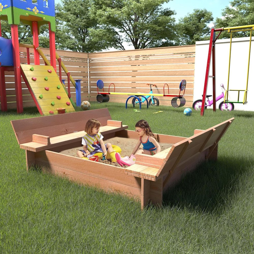 EcoSummer Outdoor Sandbox with Lid for Kids Wood Sandbox with 2 Bench Seats Bottom for Ages 4-8 Adjustable Height Kids Sand Pit for Garden/Backyard Play (47x47in)