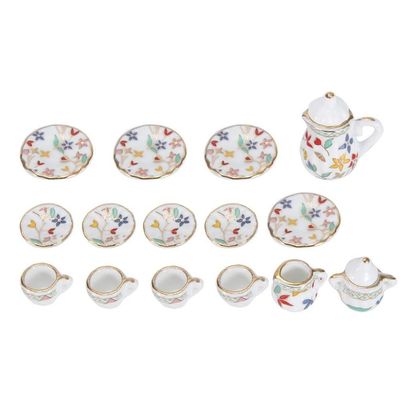 1:12 Miniatures Dollhouses Kitchen Accessories Teapot Cup Plate Set 15Pcs Flower Pattern Porcelain Teacup Set